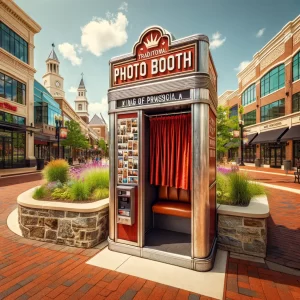 A traditional photo booth in King of Prussia, PA, featuring a deep red exterior and set against a backdrop of local landmarks and lush greenery.