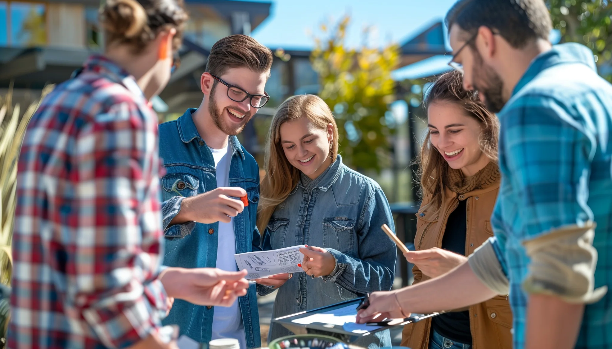 Employees participating in an outdoor scavenger hunt