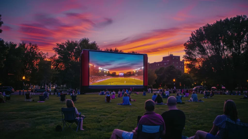 Employees for a company watching an outdoor movie.