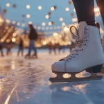 Lively look of Patrons in Portable Ice Skating Rink in background and a close up of a single Skaters boot in foreground