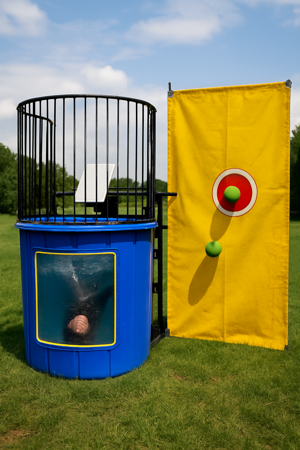 Classic red-and-yellow dunk tank rental set up on a lawn by Party Pros East Coast