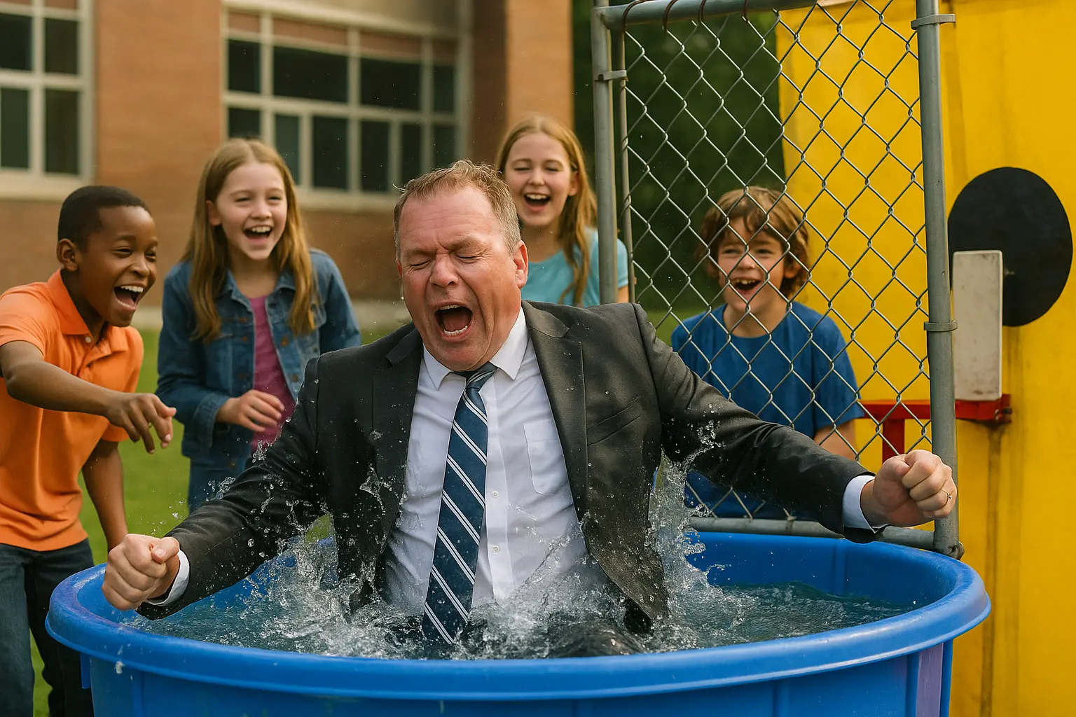 Kids cheering as their principal gets dunked in a tank at a school fundraiser in Pennsylvania