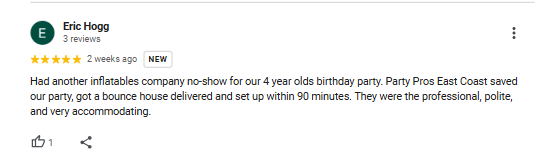 Eric Hogg’s 5-star Google review praising Party Pros East Coast’s fast rescue on a birthday party