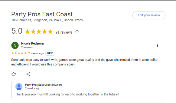 Party Pros East Coast 5.0 rating with 90+ Google reviews