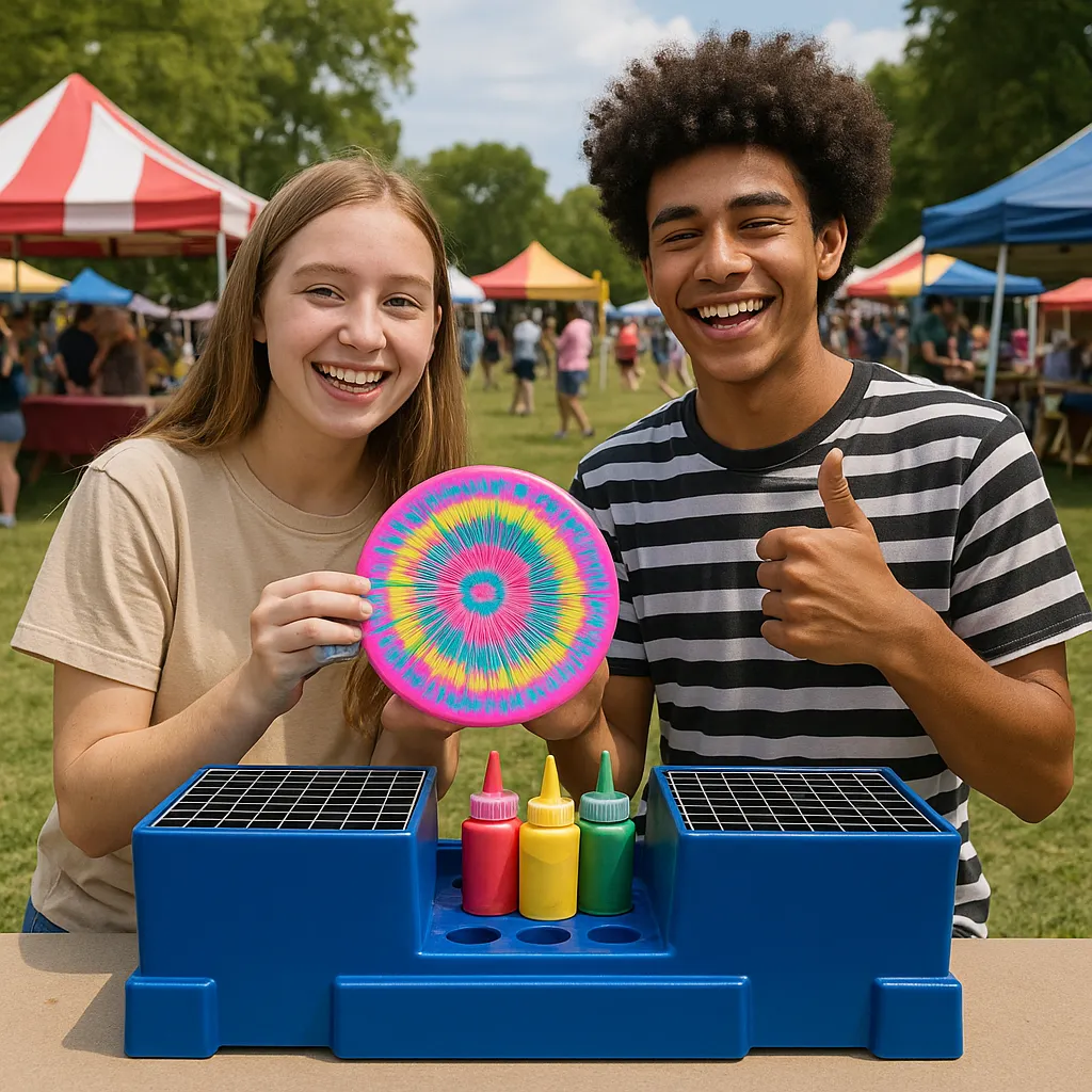 Teens smiling while showcasing a colorful spin art frisbee at an outdoor arts and crafts station, perfect for church and community event rentals in PA, NJ, NY, MD, and DE.
