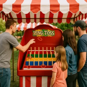Family enjoying a classic ring-toss carnival game under a striped tent