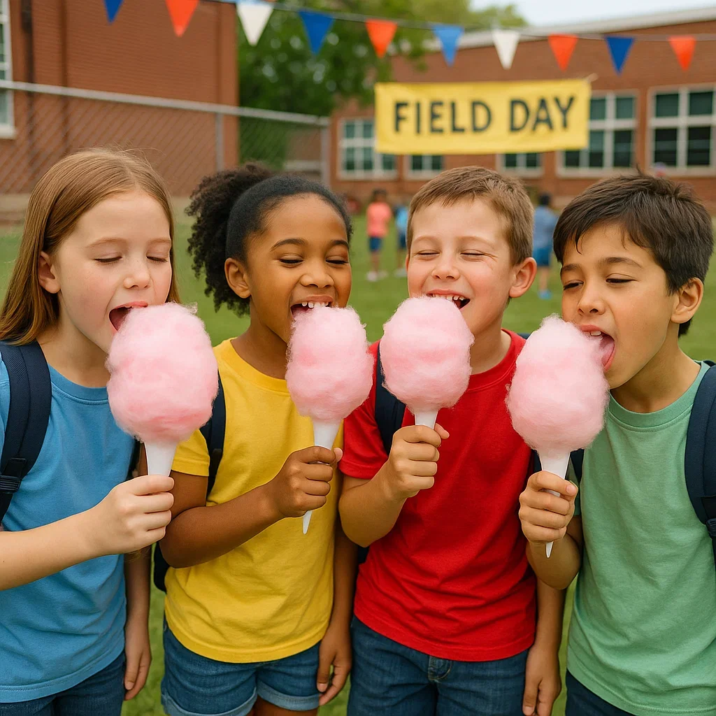 Four smiling elementary students in colorful T-shirts enjoy fluffy pink cotton candy in front of a “FIELD DAY” banner—perfectly illustrating Party Pros East Coast’s cotton candy machine rentals for school field day events.