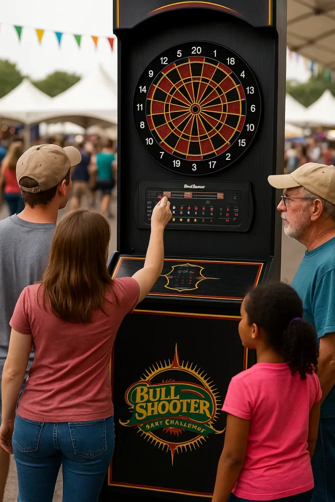 Family selecting game options on an electronic dartboard cabinet at a bustling fair—carnival dart game rentals from Party Pros East Coast