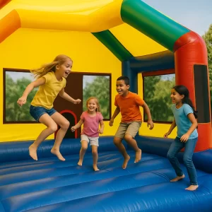 Colorful inflatable bounce house inflated for rental in Kutztown