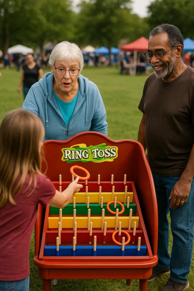 Child playing ring toss game at a church or community event in PA, NJ, NY, MD, or DE—interactive carnival game rental bringing families together in a fun and engaging way.