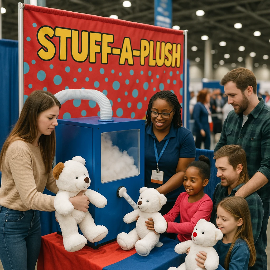 Families and children creating custom teddy bears at a Mobile Build-A-Bear station by Party Pros East Coast during a trade show event.
