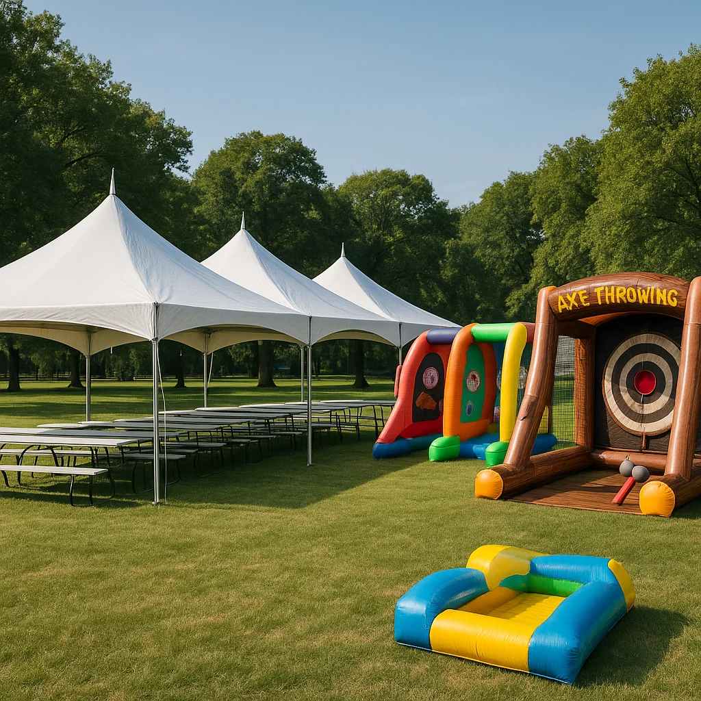 Corporate picnic rentals with inflatable games and tents