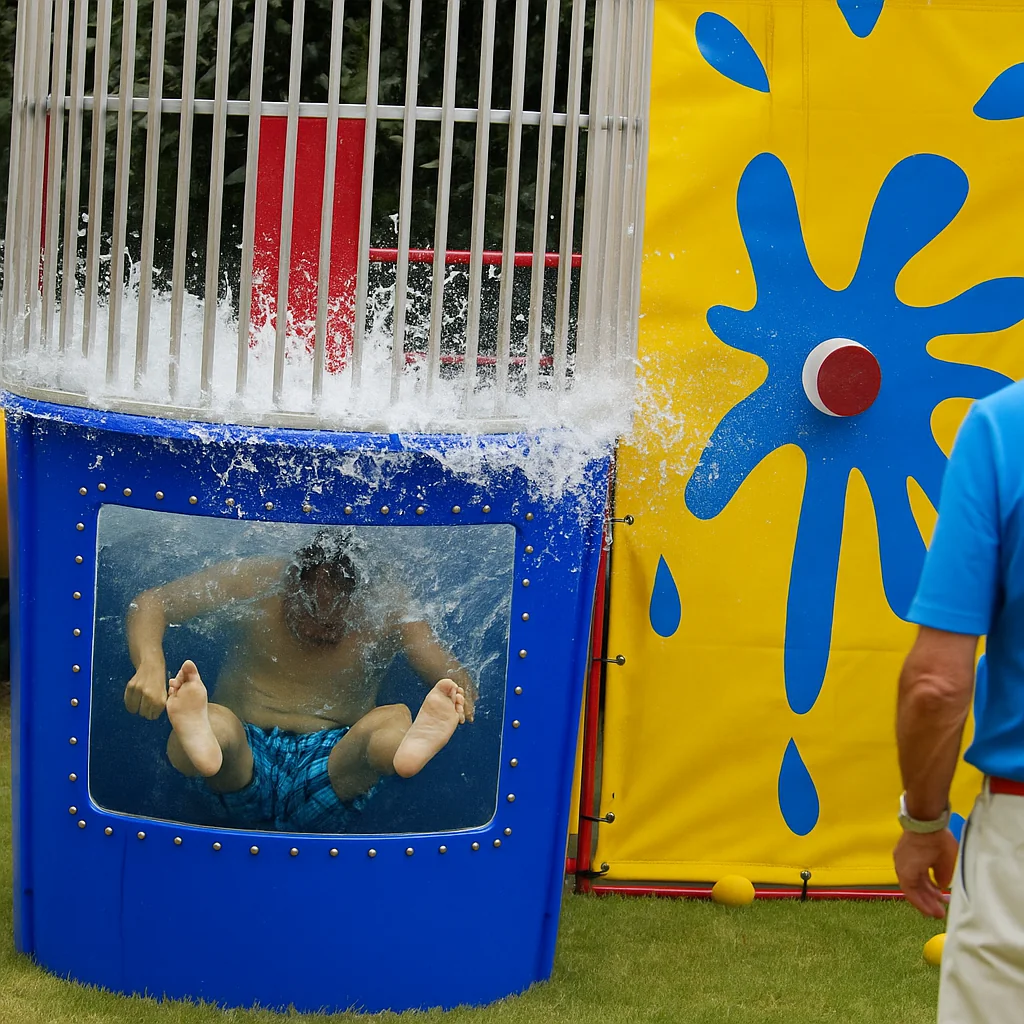 Dunk tank rental Pennsylvania with a volunteer dropping into water