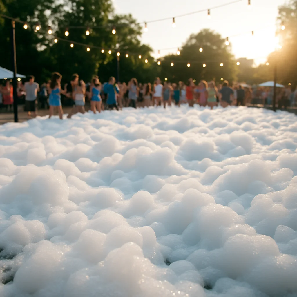 Foam party rental covering a dance floor in bubbles