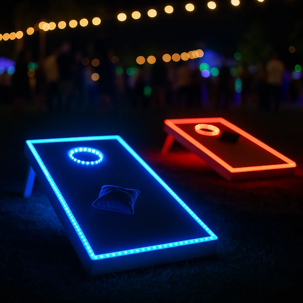 LED cornhole boards glowing at night