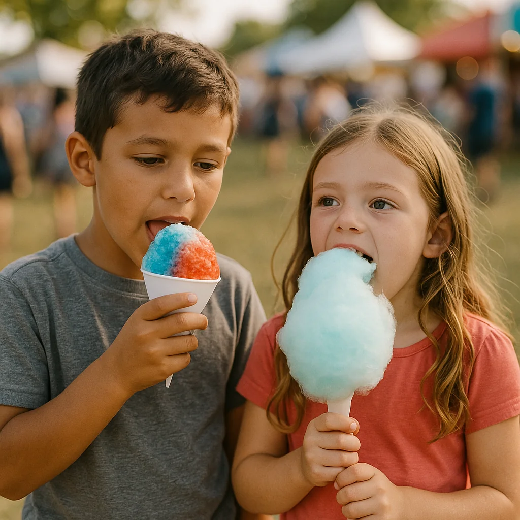 Kids enjoying snow cones at a summer party rental event