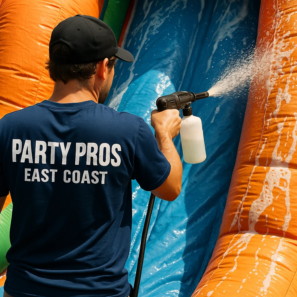 Party Pros East Coast staff sanitizing an inflatable water slide rental