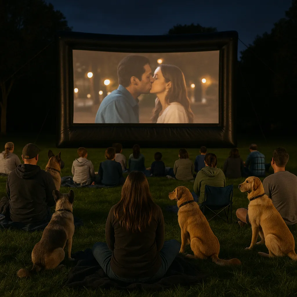 Families and dogs sitting on blankets enjoying a pet‑friendly outdoor movie night under the stars