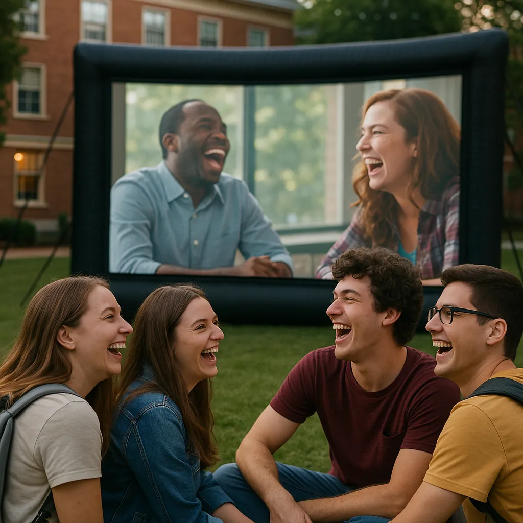 College students laughing together on a lawn during a campus outdoor comedy movie night