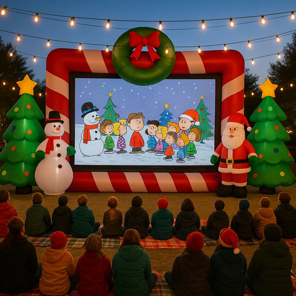Holiday‑themed outdoor movie night with inflatable decorations, string lights, and kids watching a Christmas film