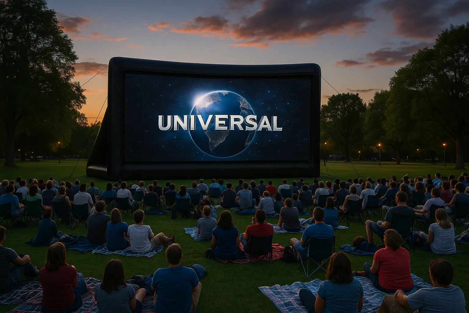 Romantic bistro‑style outdoor movie with string lights and couples dining under the stars