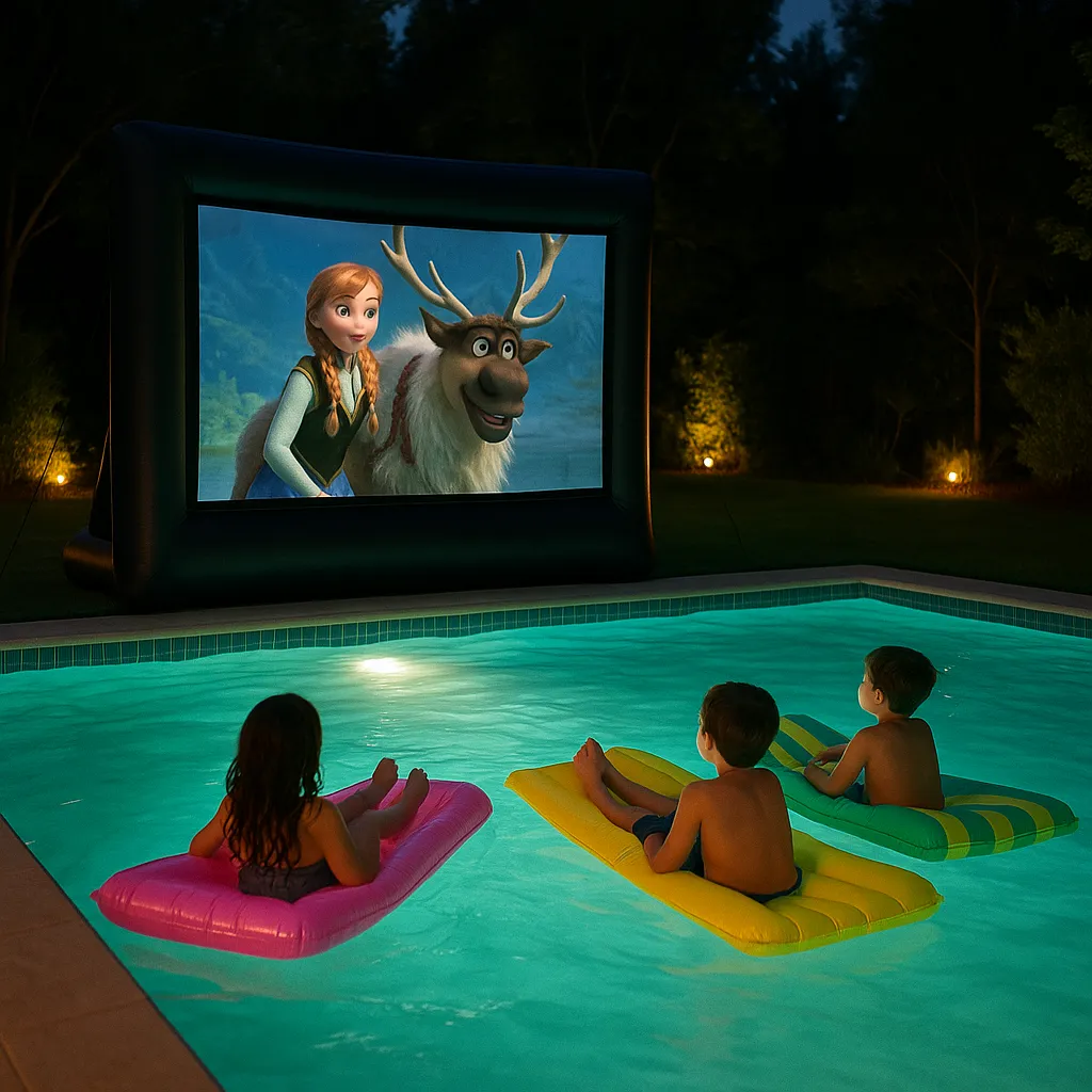 Children floating in a lit swimming pool watching an inflatable outdoor movie screen at a backyard flick and float event