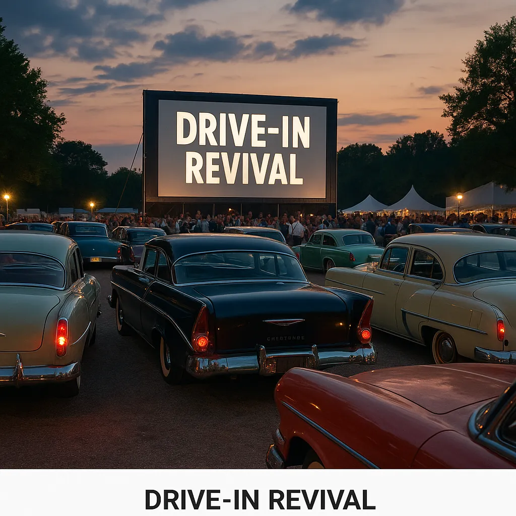 Vintage cars parked at a retro drive‑in movie night during twilight with a glowing screen playing a classic film