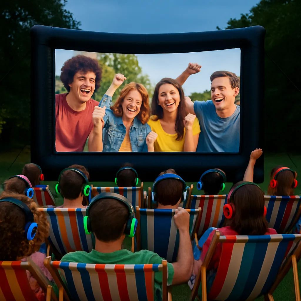 Guests in deck chairs wearing wireless headphones at a silent outdoor cinema screening under the stars