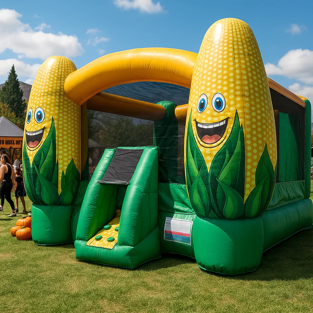 Corn-themed inflatable bounce house for harvest festivals.