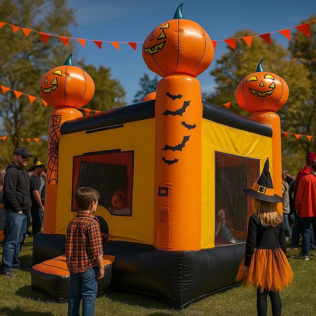 Halloween-themed bounce house with jack-o'-lantern decor.