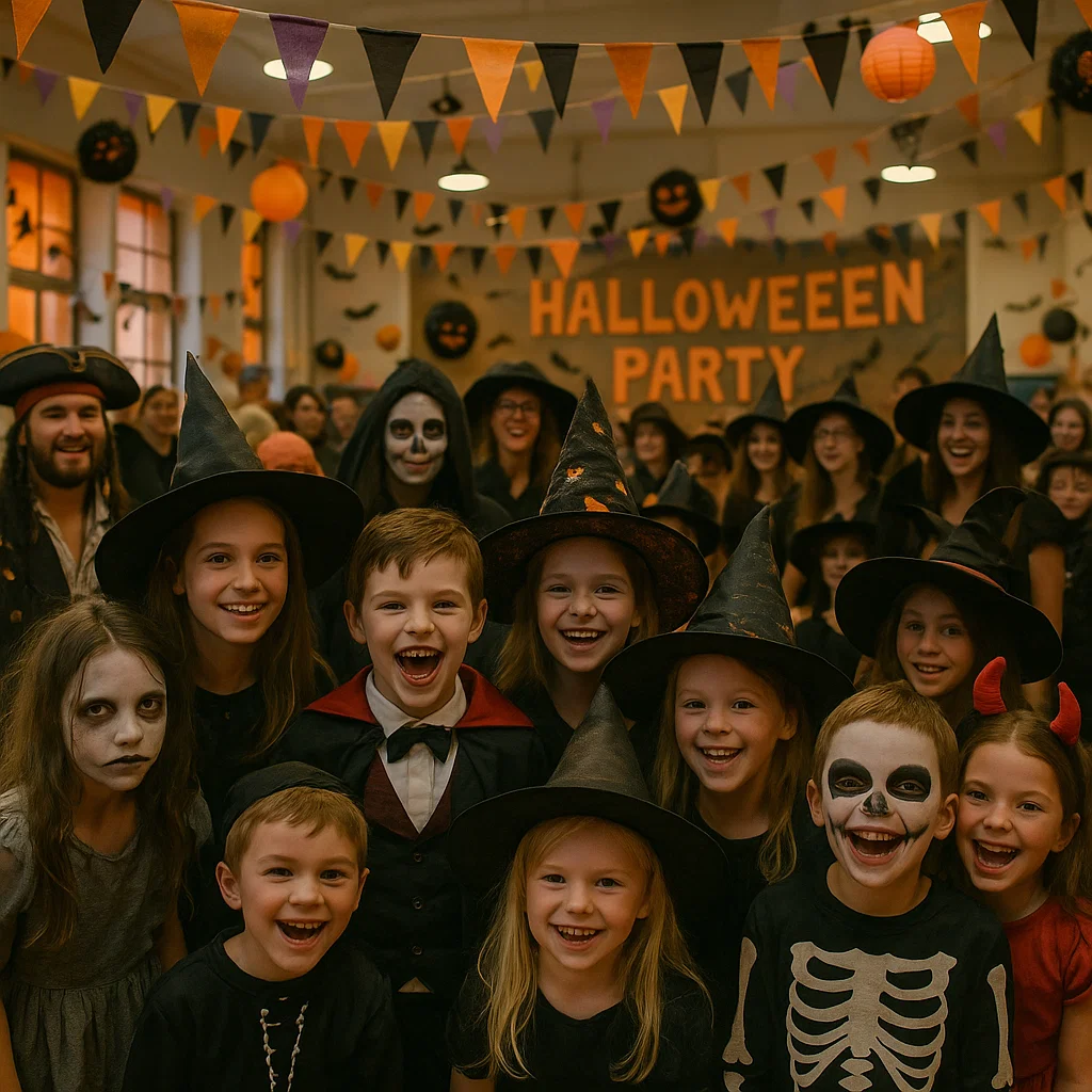 School Halloween carnival with inflatable games and prize tables.