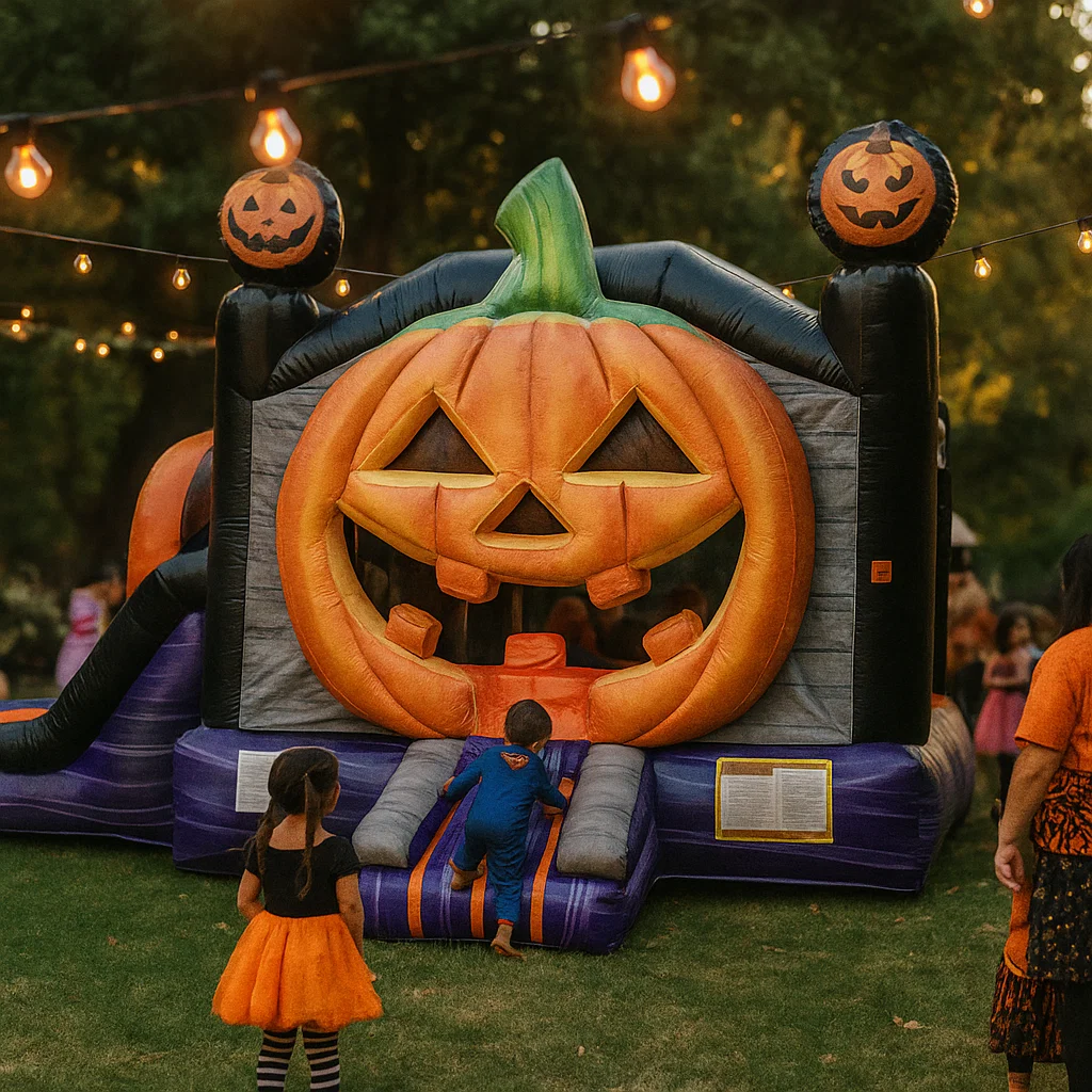 Pumpkin Combo inflatable with slide and bounce area.