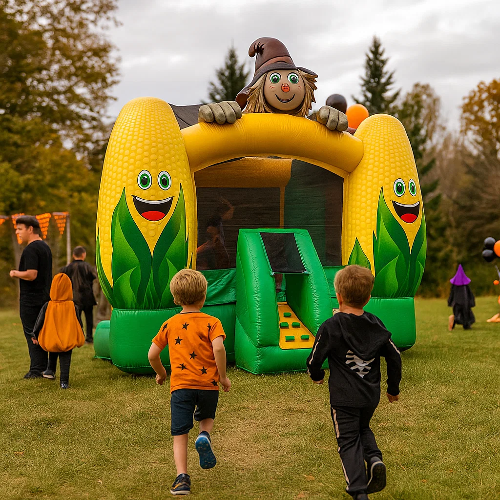 Scarecrow-themed bounce house for fall events.
