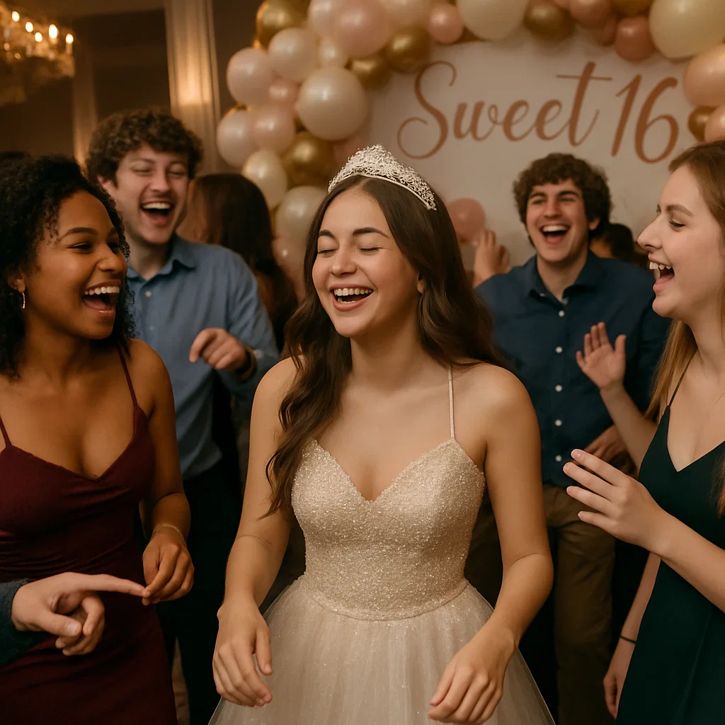 Laughing teens celebrating at a Sweet 16 party with balloon arch by Party Pros East Coast in Philadelphia