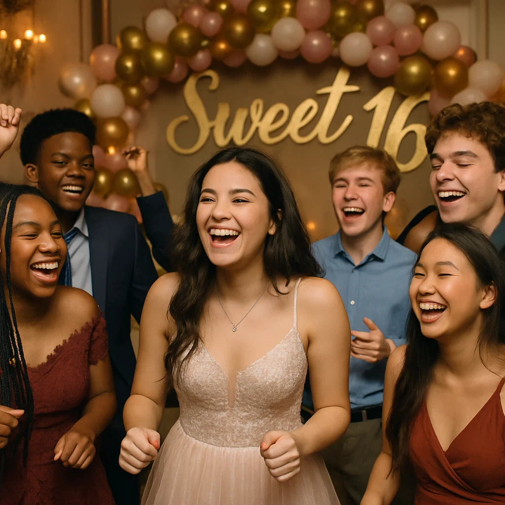 Sweet 16 birthday girl wearing tiara dancing with friends at Party Pros East Coast event