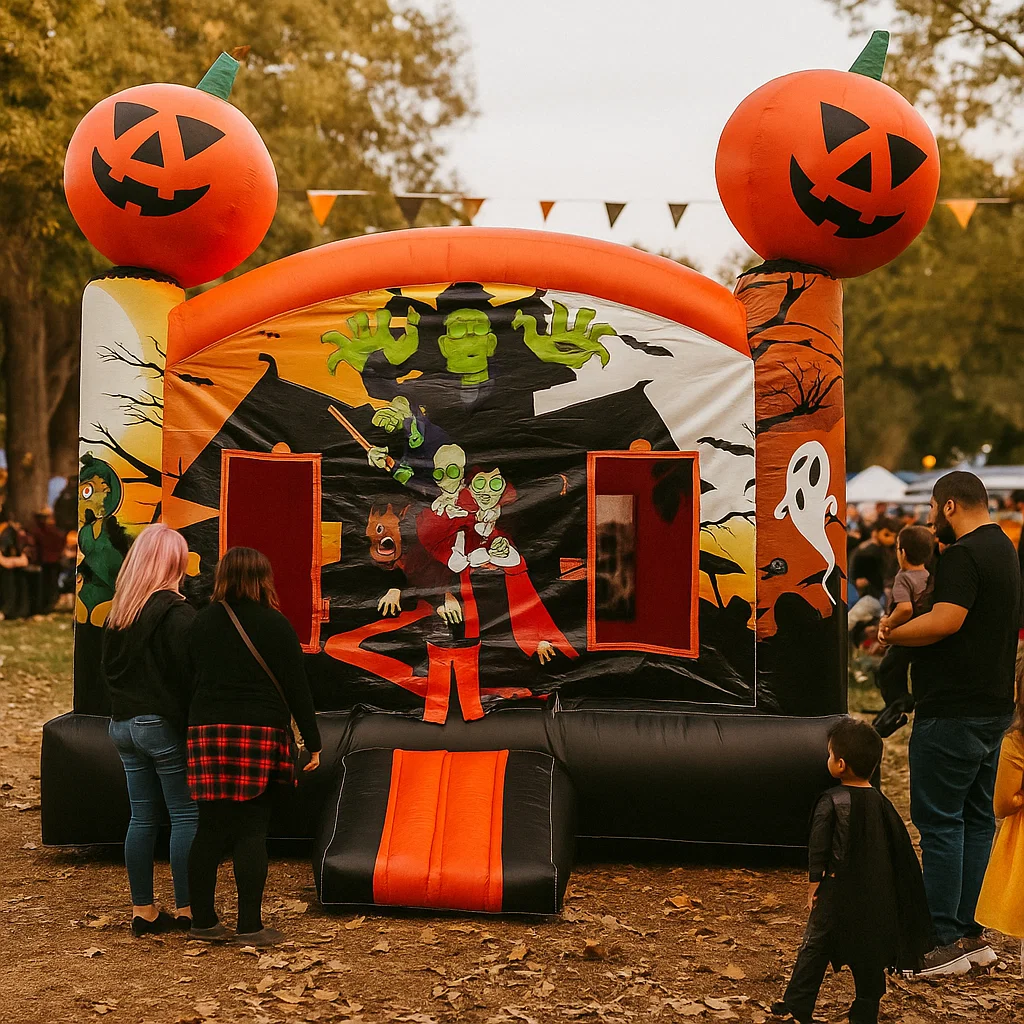 The Haunted House inflatable attraction with spooky facade.