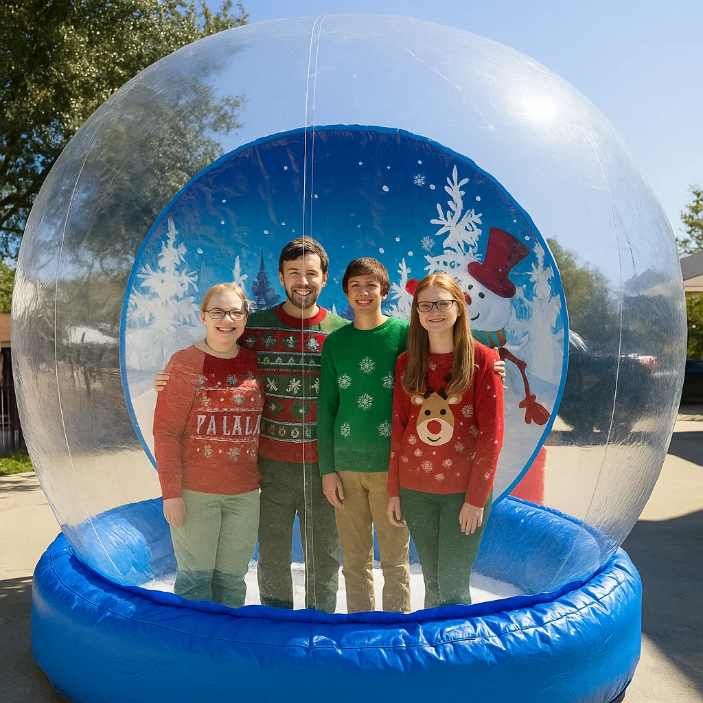 Elegant snow globe photo booth scene with festive props and scarves at church Christmas festival