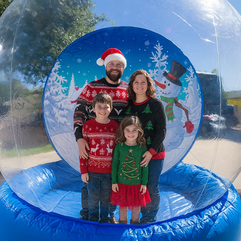 Elegant snow globe photo booth scene with soft snow effect at photos with Santa queue