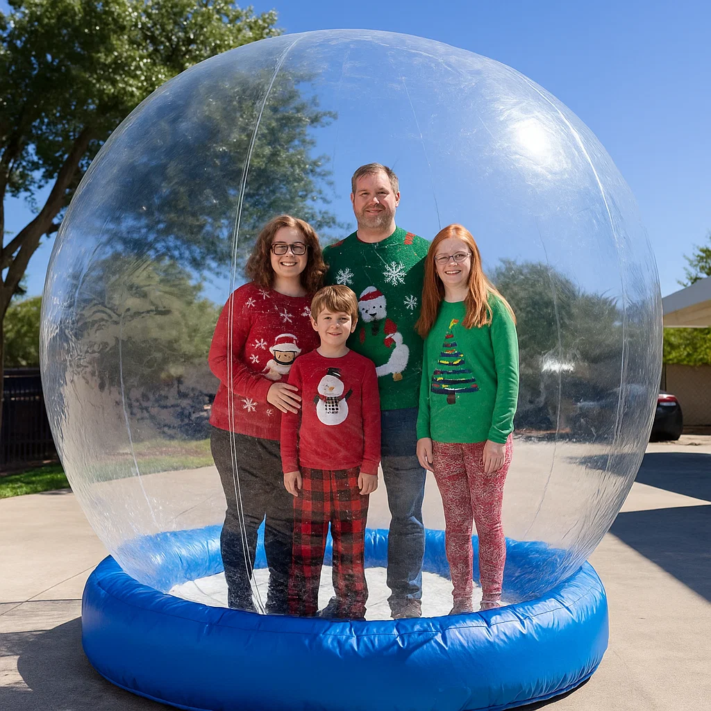 Attended walk‑in snow globe rental — family photo moment