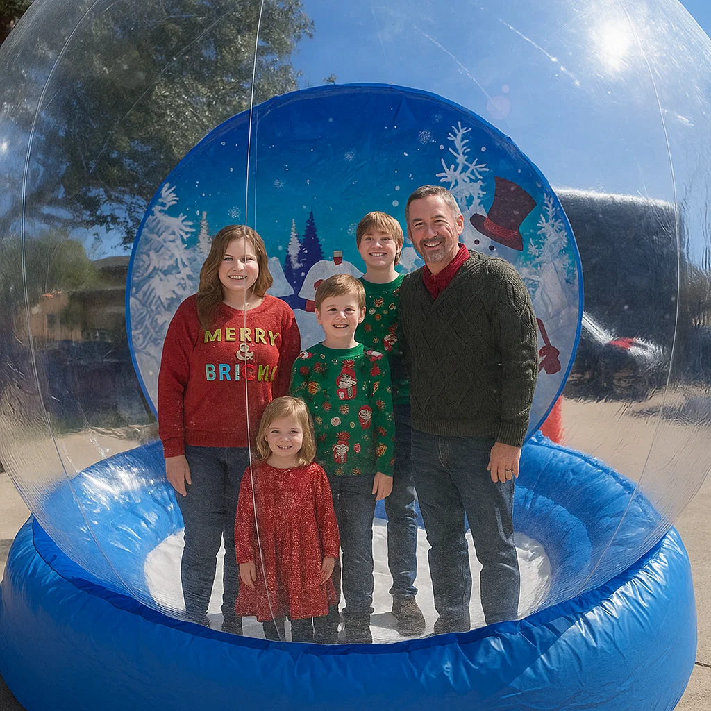 High‑throughput interactive snow globe photos for winter wedding reception — couples taking pictures