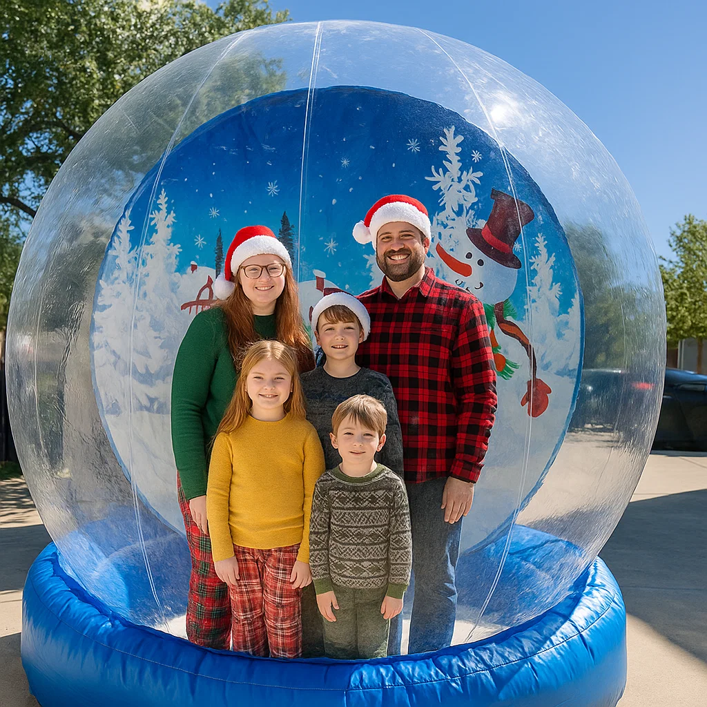 Elegant snow globe photo booth scene with group photo session at church Christmas festival