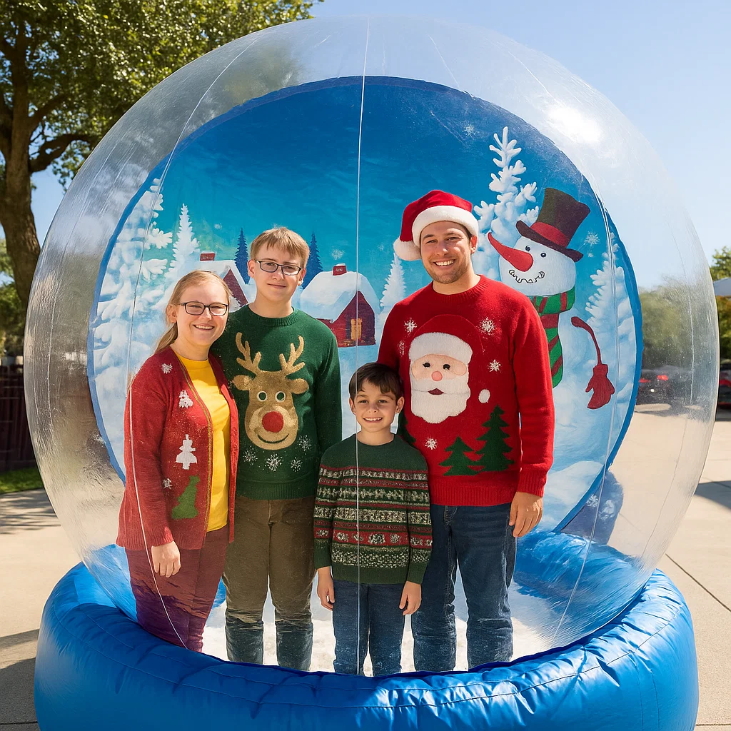 Guests enjoy snow globe photo booth rental at New Year celebration — festive props and scarves
