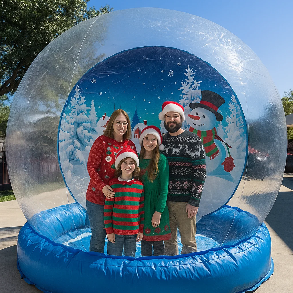 Elegant snow globe photo booth scene with clean queue management at photos with Santa queue