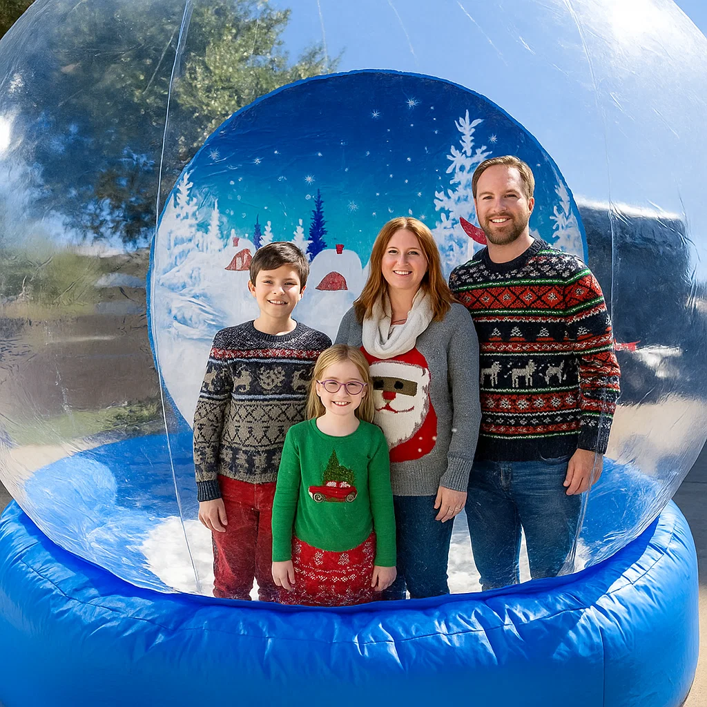 interactive snow globe photo experience for mall activation — sparkling holiday decor
