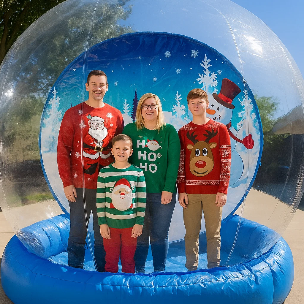 giant inflatable snow globe rental guests posing for photos at HOA holiday party