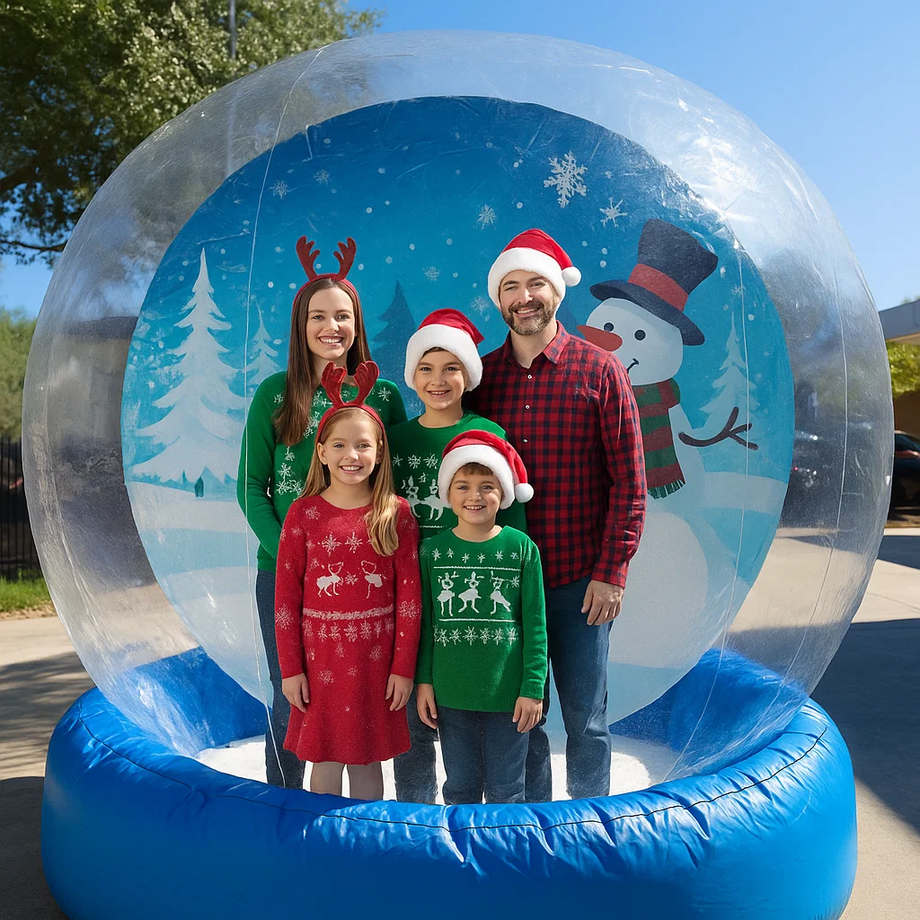 kids and parents smiling in a human snow globe rental at trade show booth