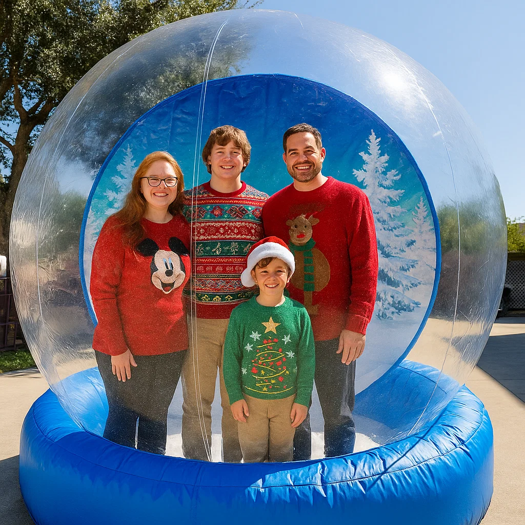 Branded human snow globe setup for sports halftime show — artificial snow swirling
