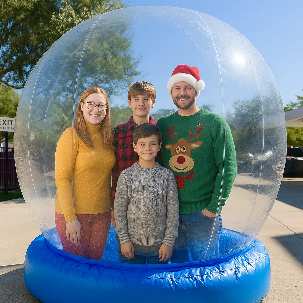 High‑throughput interactive snow globe photos for downtown holiday stroll — red carpet and stanchions