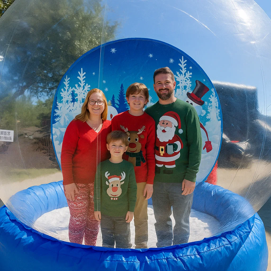 indoor setup at venue in a human snow globe rental at university winter fest