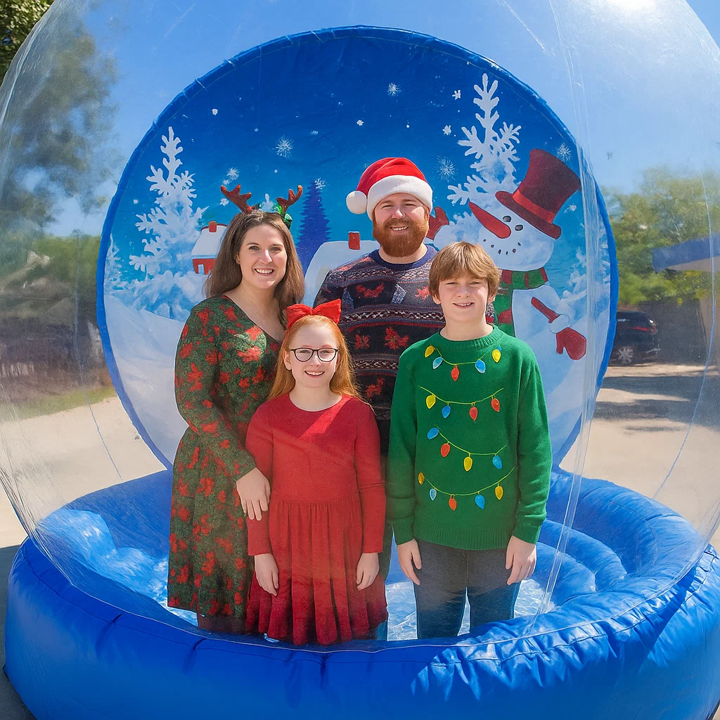 Branded human snow globe setup for charity gala — winter wonderland theme
